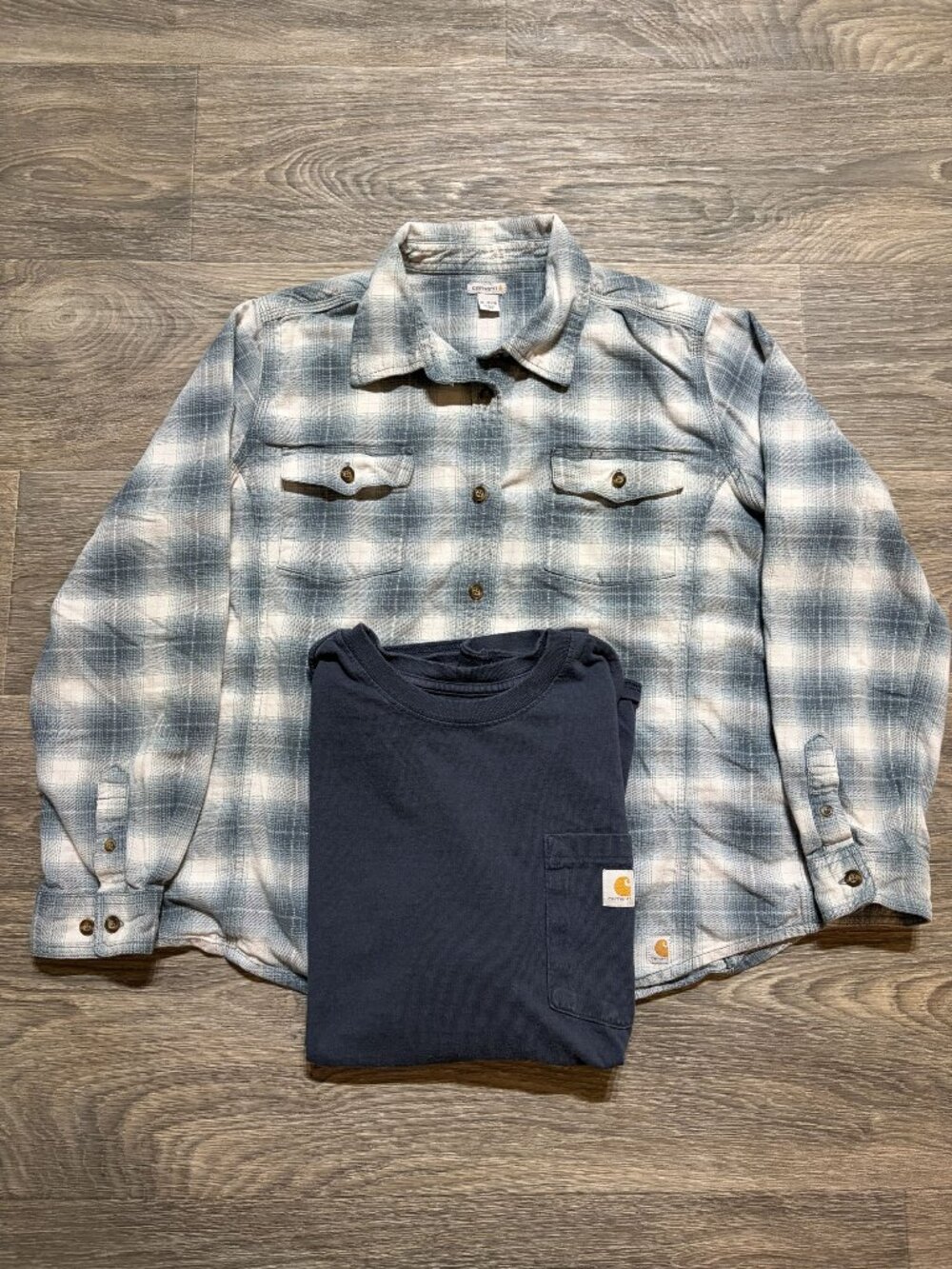 Carhartt Bundle Plaid Button Shirt Navy Pocket Tee XL 16-18 Loose Fit Durable